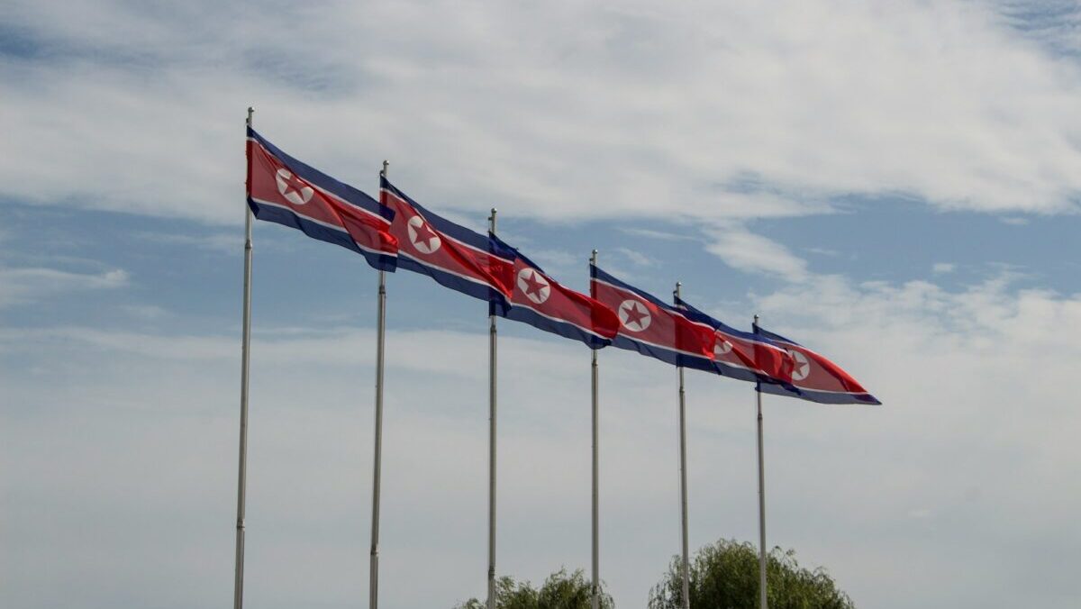 red and white flags on poles