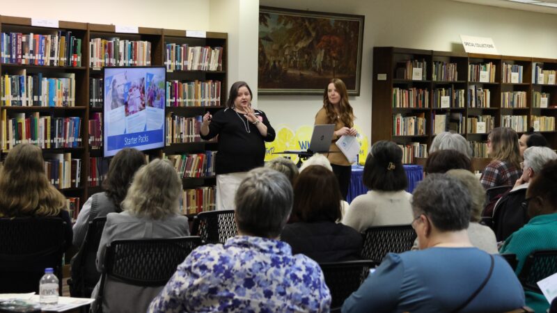 Conference leaders present information during a workshop where people are gathered to attend.