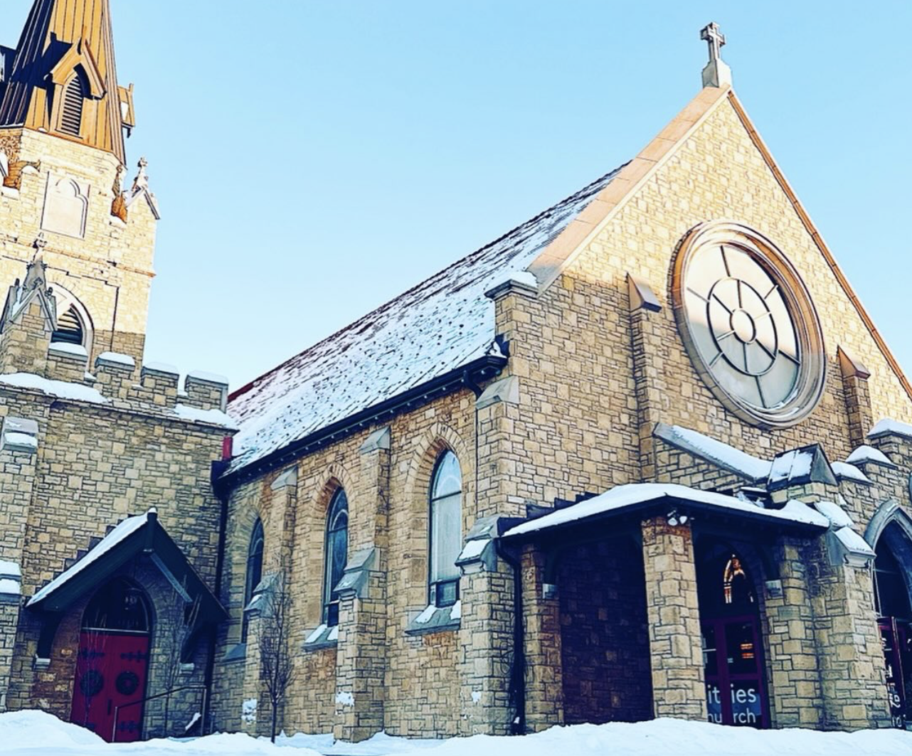 Cities Church building photographed in the snow